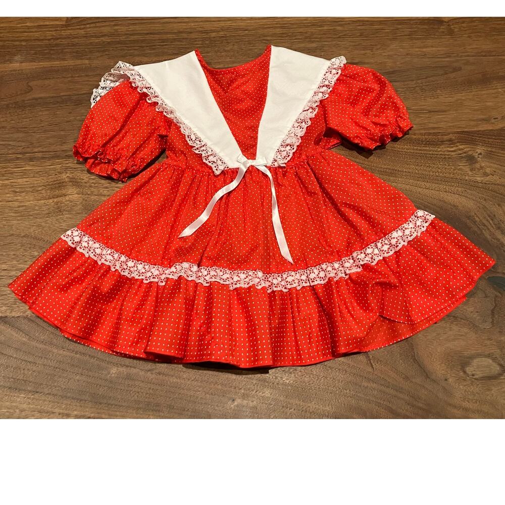 Kandy Ann‎ Vintage Dress Girls 2T Toddler Red White Lacy Ruffle Tie Bow Pageant